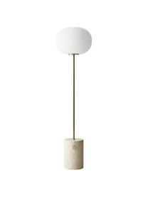Dimbare vloerlamp JWDA met travertijn voet, Lampenkap: opaalglas, Frame: gecoat metaal, Lampvoet: travertijn, Beige, travertijn look, goudkleurig, B 32 x H 49 cm