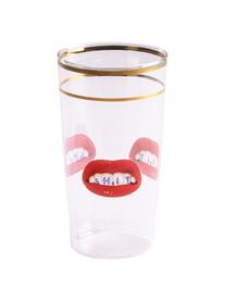 Designer Wasserglas Lips, Dekor: Gold, Rote Lippen mit Aufschrift, Ø 7 x H 13 cm, 375 ml