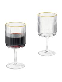 Copas de vino artesanales con relieve Minna, 4 uds., Vidrio soplado artesanalmente, Transparente con borde dorado, Ø 8 x Al 17 cm