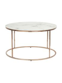 Runder Couchtisch Antigua mit Glasplatte in Marmor-Optik, Tischplatte: Glas, matt bedruckt, Gestell: Metall, vermessingt, Marmor-Optik Weiss, Messingfarben, Ø 80 cm