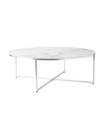 Table basse ronde XL avec plateau en verre aspect marbre Antigua, Blanc aspect marbre, couleur chrome, Ø 100 cm