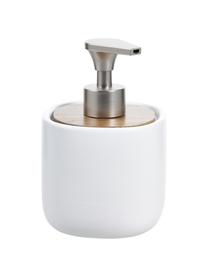 Dosatore di sapone Wili, Contenitore: ceramica, Coperchio: legno d'acacia, Testa della pompa: materiale sintetico, Bianco, legno d'acacia, Ø 10 x Alt. 14 cm