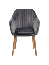 Sametová židle s područkami a dřevěnými nohami Emilia, Tmavě šedá, dubové dřevo, Š 57 cm, H 59 cm