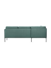 Sofa narożna z aksamitu z metalowymi nogami Fluente, Tapicerka: 100% poliester Dzięki tka, Stelaż: lite drewno sosnowe z cer, Nogi: metal malowany proszkowo, Jasnozielony aksamit, S 221 x G 200 cm, lewostronna