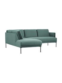 Sofa narożna z aksamitu z metalowymi nogami Fluente, Tapicerka: 100% poliester Dzięki tka, Stelaż: lite drewno sosnowe z cer, Nogi: metal malowany proszkowo, Jasnozielony aksamit, S 221 x G 200 cm, lewostronna