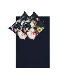 Katoenen dekbedovertrek Fleur, Donkerblauw, 140 x 200 cm + 1 kussenhoes 60 x 70 cm