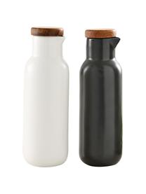 Essig- und Öl-Spender Essentials aus Porzellan und Akazienholz, 2er-Set, Weiß, Anthrazit, Ø 6 x H 18 cm