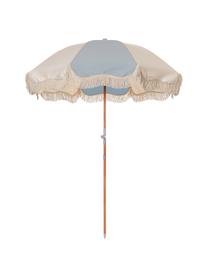 Parasol Retro met franjes, knikbaar, Frame: gelamineerd hout, Franjes: katoen, Lichtblauw, crèmewit, Ø 180 x H 230 cm