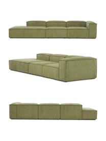 Chaise longue XL componibile in velluto a coste Lennon, Rivestimento: velluto a coste (92% poli, Struttura: legno di pino massiccio, , Piedini: plastica I piedini si tro, Velluto a coste verde, Larg. 357 x Prof. 119 cm, schienale a sinistra