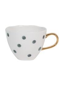 Gepunktete Tasse Good Morning mit goldenem Griff, Steingut, Weiß, Blau, Ø 11 x H 8 cm, 350 ml