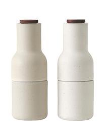 Salero y pimentero de diseño Bottle Grinder, 2 uds., Estructura: cerámica, Grinder: cerámica, Interior: plástico, Greige, blanco, madera de nogal, Ø 8 x Al 21 cm