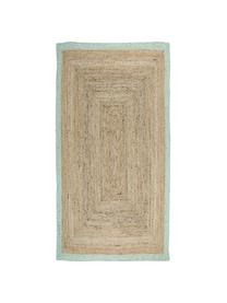 Handgefertigter Jute-Teppich Shanta mit mintgrünem Rand, 100% Jute, Beige, Mintgrün, B 80 x L 150 cm (Größe XS)