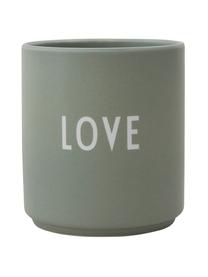 Tazza di design senza manico con scritta avanti e dietro Favourite DAD/LOVE, Fine Bone China (porcellana)
Fine bone china è una porcellana a pasta morbida particolarmente caratterizzata dalla sua lucentezza radiosa e traslucida, Grigio verde (Dad), Ø 8 x Alt. 9 cm, 250 ml