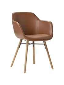 Petite chaise à accoudoirs cuir synthétique avec pieds en bois Fiji, Cuir synthétique brun, larg. 59 x haut. 84 cm