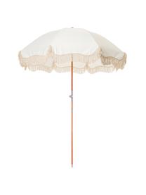 Beige parasol Retro met franjes, knikbaar, Frame: gelamineerd hout, Franjes: katoen, Gebroken wit, Ø 180 x H 230 cm
