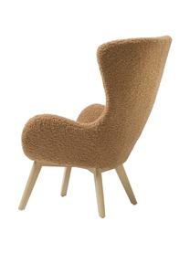 Fauteuil à oreilles en peluche pieds en bois Wing, Peluche caramel, larg. 77 x prof. 89 cm