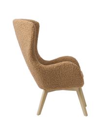 Fauteuil à oreilles en peluche pieds en bois Wing, Peluche caramel, larg. 77 x prof. 89 cm