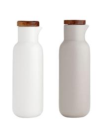 Azijn- en olie-dispenser Essentials van porselein en acaciahout, 2-delig, Wit, lichtgrijs, Ø 6 x H 18 cm