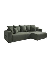 Divano letto angolare in tessuto verde oliva con contenitore Elvi, Rivestimento: poliestere con rivestimen, Sottostruttura: legno, molle Nosag, Piedini: materiale sintetico Il te, Tessuto verde oliva, nero, Larg. 282 x Prof. 153 cm
