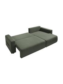 Divano letto angolare in tessuto verde oliva con contenitore Elvi, Rivestimento: poliestere con rivestimen, Sottostruttura: legno, molle Nosag, Piedini: materiale sintetico Il te, Tessuto verde oliva, nero, Larg. 282 x Prof. 153 cm