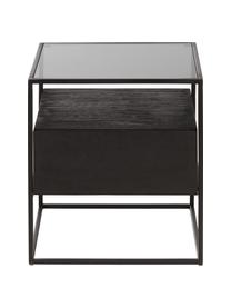 Nachttisch Theodor mit Schublade, Tischplatte: Glas, Gestell: Metall, pulverbeschichtet, Holz, schwarz lackiert, B 45 x H 50 cm