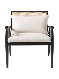 Fauteuil lounge en bois de bouleau massif noir Manuell, Tissu blanc crème, bois de bouleau noir laqué, larg. 65 x long. 71 cm