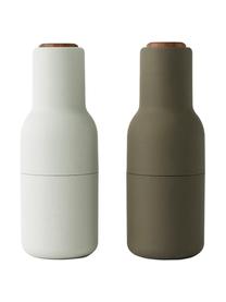Salero y pimentero de diseño Bottle Grinder, 2 uds., Estructura: plástico, Grinder: cerámica, Verde oscuro, beige, madera de nogal, Ø 8 x Al 21 cm