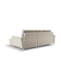 Divano letto angolare 3 posti in velluto con contenitore Moghan, Rivestimento: 100% velluto di poliester, Struttura: legno di pino massiccio, , Piedini: metallo rivestito, Velluto beige, ottonato, Larg. 241 x Prof. 145 cm, chaise-longue a destra