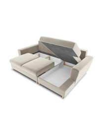 Divano letto angolare 3 posti in velluto con contenitore Moghan, Rivestimento: 100% velluto di poliester, Struttura: legno di pino massiccio, , Piedini: metallo rivestito, Velluto beige, ottonato, Larg. 241 x Prof. 145 cm, chaise-longue a destra