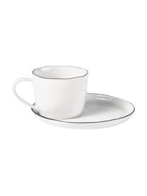 Handgemachtes Frühstücks-Set Salt aus Porzellan, 4 Personen (16-tlg.), Porzellan, Gebrochenes Weiß mit schwarzem Rand, Set mit verschiedenen Größen