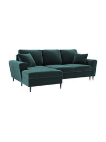 Divano letto angolare 4 posti in velluto color petrolio con contenitore Moghan, Rivestimento: velluto di poliestere Il , Struttura: legno massiccio di pino, , Piedini: metallo laccato, Velluto color petrolio, nero, Larg. 241 x Prof. 145 cm, chaise-longue a destra