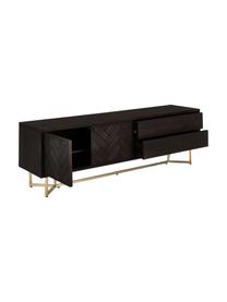 Visgraat tv-meubel Luca met deuren van massief hout, Frame: gecoat metaal, Bruin, goudkleurig, B 180 x H 54 cm