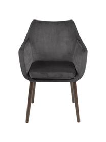 Fluwelen armstoel Nora met houten poten, Bekleding: polyester fluweel Met 25., Poten: eikenhout, gebeitst, Fluweel donkergrijs, donker eikenhout, B 58 x D 58 cm