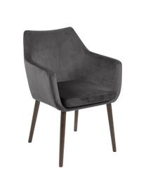Fluwelen armstoel Nora met houten poten, Bekleding: polyester fluweel Met 25., Poten: eikenhout, gebeitst, Fluweel donkergrijs, donker eikenhout, B 58 x D 58 cm