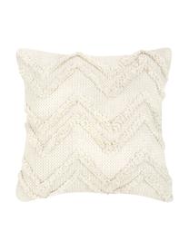 Boho povlak na polštář s vyšívaným klikatým vzorem Akesha, 100 % bavlna, Krémově bílá, Š 45 cm, D 45 cm