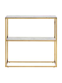Estantería consola estrecha de metal Aruba, Estantes: vidrio, Estructura: metal laminado, Mármol blanco, dorado, An 80 x Al 81 cm