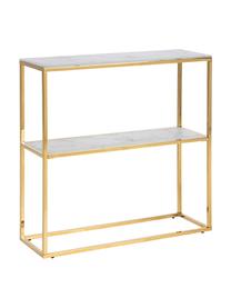 Estantería consola estrecha de metal Aruba, Estantes: vidrio, Estructura: metal laminado, Mármol blanco, dorado, An 80 x Al 81 cm
