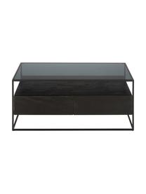 Mesa de centro de madera con cajones Theodor, Tablero: vidrio, Estructura: metal con pintura en polv, Madera de mango, negro, An 100 x F 55 cm