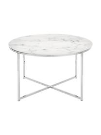 Couchtisch Antigua mit marmorierter Glasplatte, Tischplatte: Glas, matt bedruckt, Gestell: Metall, verchromt, Weiß-grau marmoriert, Chrom, Ø 80 x H 45 cm