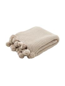 Coperta a maglia con pompon Molly, 100% cotone, Beige, Larg. 130 x Lung. 170 cm