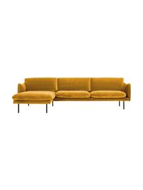 Canapé d'angle en velours et pieds en métal Moby, Velours jaune moutarde, larg. 280 x prof. 160 cm, méridienne à droite