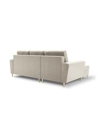 Canapé d'angle 4 places velours avec fonction lit et rangement Moghan, Velours beige, couleur laitonnée, larg. 241 x prof. 145 cm, méridienne à droite