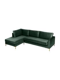 Rozkładana sofa narożna z aksamitu Luna (3-osobowa), Tapicerka: 100% poliester, certyfika, Stelaż: lite drewno bukowe, drewn, Nogi: metal galwanizowany, Ciemnozielony aksamit, S 270 x G 184 cm, lewostronna