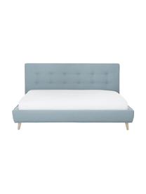 Lit matelassé avec pieds en bois Moon, Tissu bleu-gris, larg. 140 x long. 200 cm