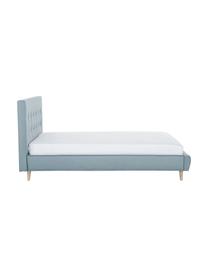 Lit matelassé avec pieds en bois Moon, Tissu bleu-gris, larg. 140 x long. 200 cm