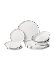 Handgemachtes Geschirr-Set Salt aus Porzellan, 4 Personen (12-tlg.), Porzellan, Gebrochenes Weiß mit schwarzem Rand, Set mit verschiedenen Größen