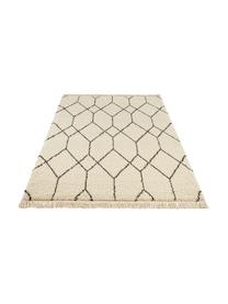 Hoogpolig vloerkleed Mila met franjes in crèmekleur/zwart met grafisch patroon, 100% polypropyleen, Beige, zwart, B 80 x L 150 cm (maat XS)