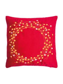 Samt-Kissenhülle Circle mit besticktem winterlichem Motiv, Polyestersamt, Rot, Goldfarben, 45 x 45 cm