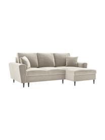 Sofá rinconera cama de terciopelo Moghan (3 plazas), con espacio de almacenamiento, Tapizado: terciopelo de poliéster A, Estructura: madera de pino maciza, ma, Patas: metal pintado, Terciopelo beige, patas negro, An 241 x F 145 cm, chaise longue izquierda