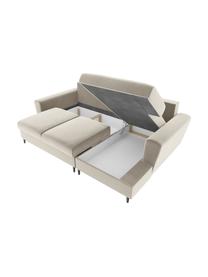 Sofá rinconera cama de terciopelo Moghan (3 plazas), con espacio de almacenamiento, Tapizado: terciopelo de poliéster A, Estructura: madera de pino maciza, ma, Patas: metal pintado, Terciopelo beige, patas negro, An 241 x F 145 cm, chaise longue izquierda